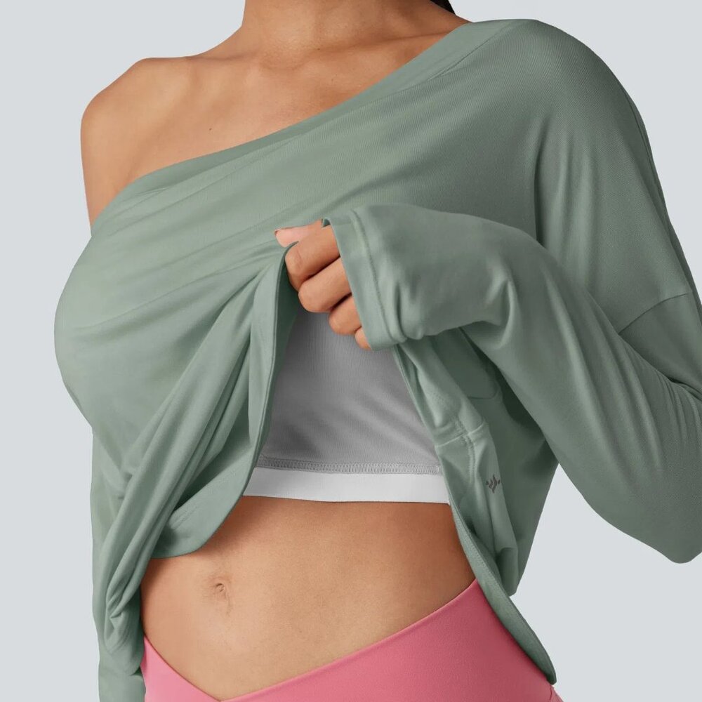 XL One Shoulder Long Sleeve Thumb Hole Curved Hem High Low Quick Dry Yoga Sports